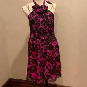 Magenta with Black Floral Halter Dress. Size Medium
